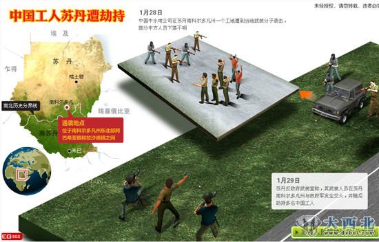 1月28日，中水電集團公司的29名中國員工遭蘇丹反政府武裝——“蘇丹人民解放運動(dòng)”(北方局)襲擊并被劫為人質(zhì)。圖為中國工人遭襲擊模擬現場(chǎng)圖